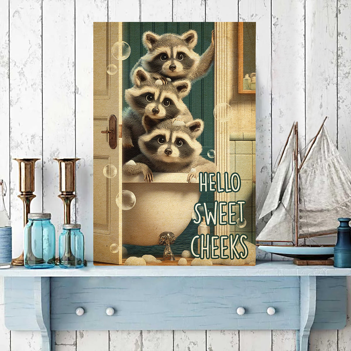 Hello Sweet Three Raccoon Canvas Wall Art