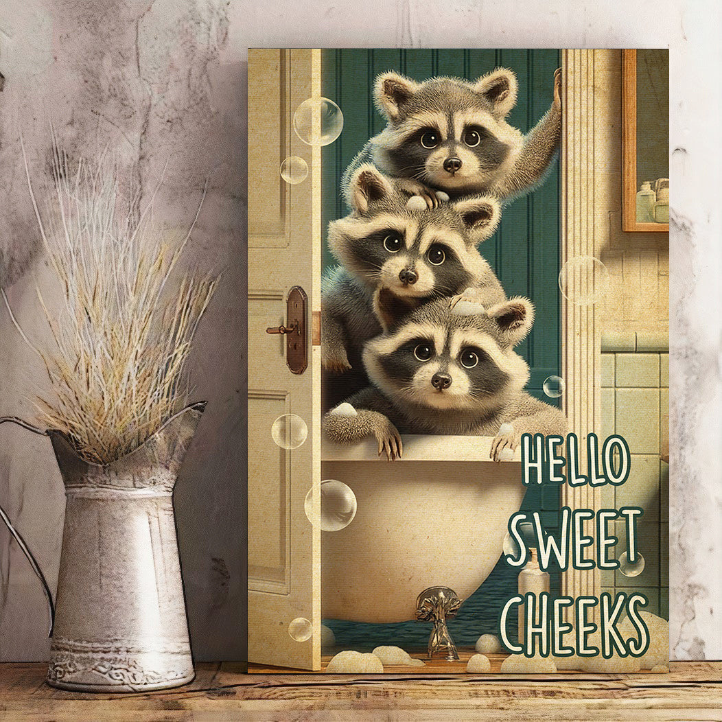 Hello Sweet Three Raccoon Canvas Wall Art
