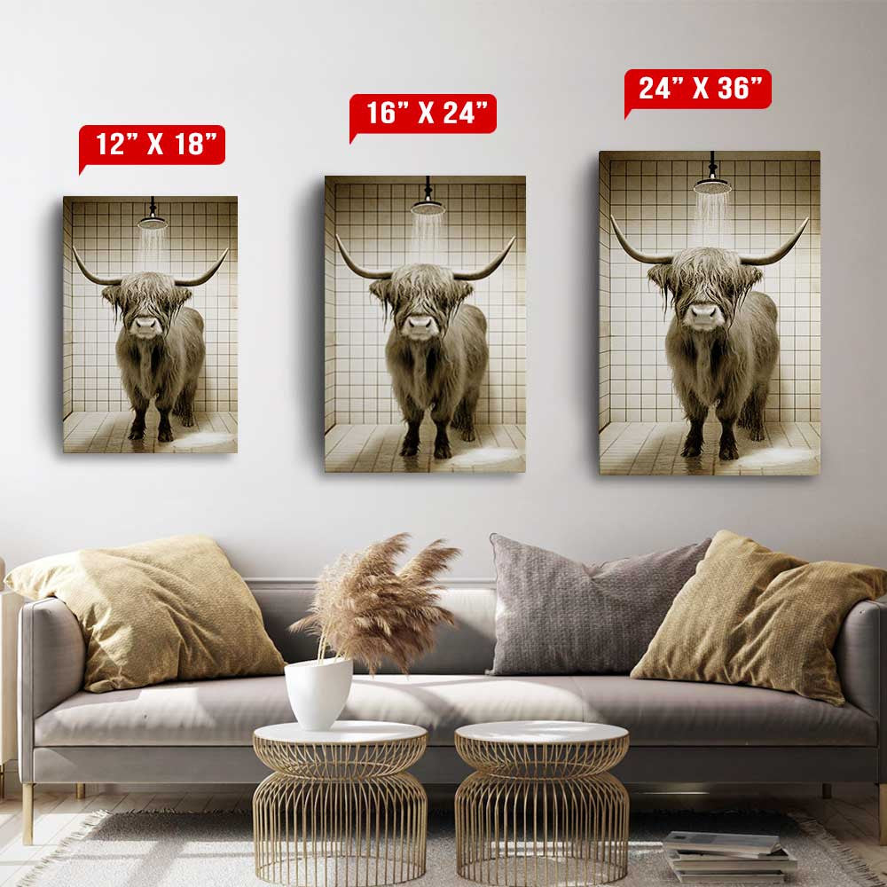 Highland Cow In Bathroom Canvas Wall Art