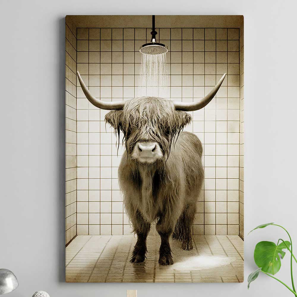 Highland Cow In Bathroom Canvas Wall Art
