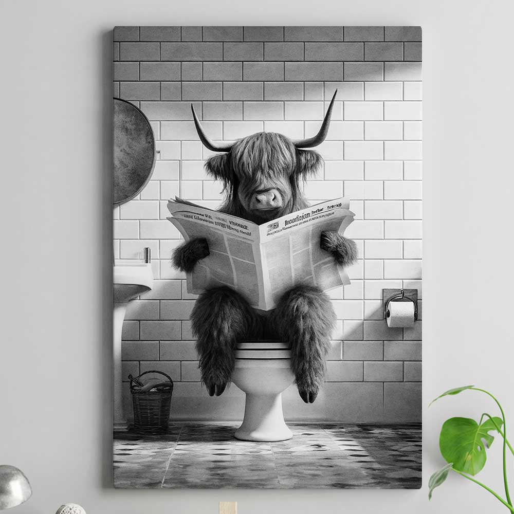 Highland Cow Reading Newspaper Bathroom Canvas Wall Art