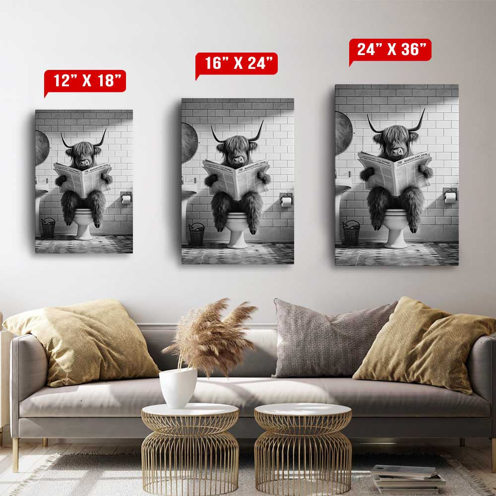 Highland Cow Reading Newspaper Bathroom Canvas Wall Art