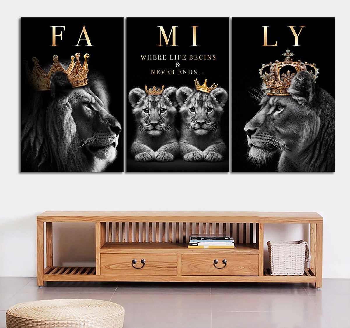 Lion Family Where Life Begins Set of 3 Canvas Wall Art