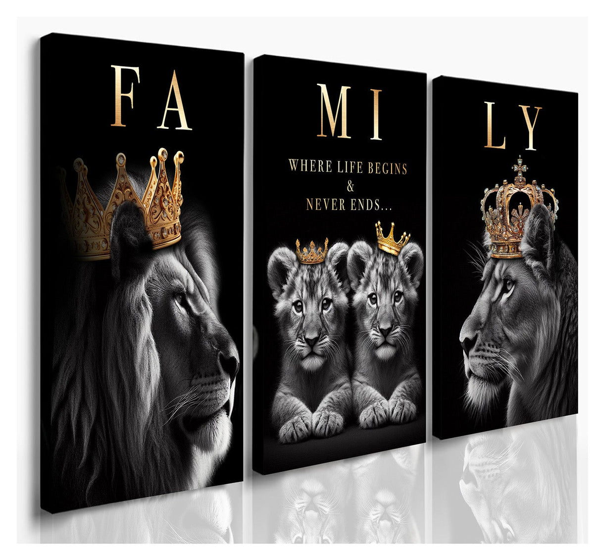 Lion Family Where Life Begins Set of 3 Canvas Wall Art