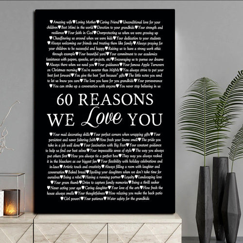 Personalized Birthday Gift 60 Reasons We Love You Canvas Wall Art – 60th Birthday Gift