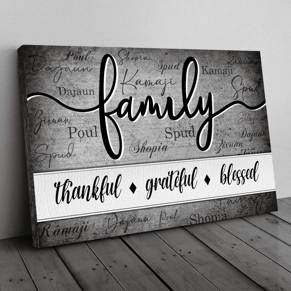 Personalized Family - Thankful, Grateful, Blessed Name On Background Canvas Wall Art – Christian Wall Decor