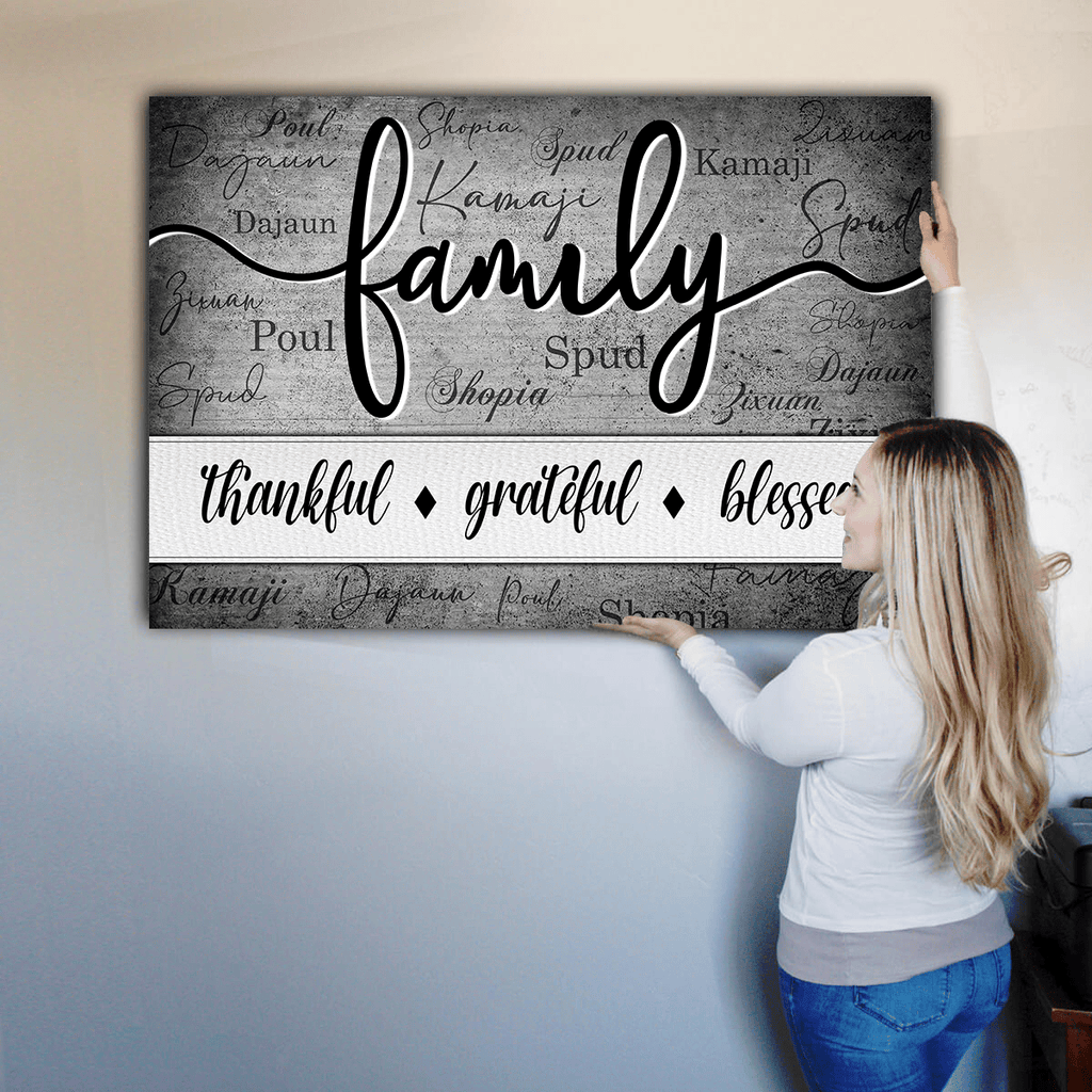 Personalized Family - Thankful, Grateful, Blessed Name On Background Canvas Wall Art – Christian Wall Decor