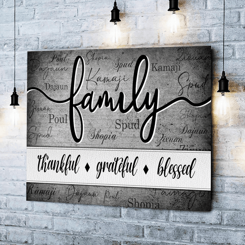 Personalized Family - Thankful, Grateful, Blessed Name On Background Canvas Wall Art – Christian Wall Decor