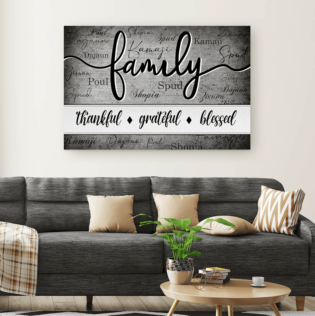 Personalized Family - Thankful, Grateful, Blessed Name On Background Canvas Wall Art – Christian Wall Decor
