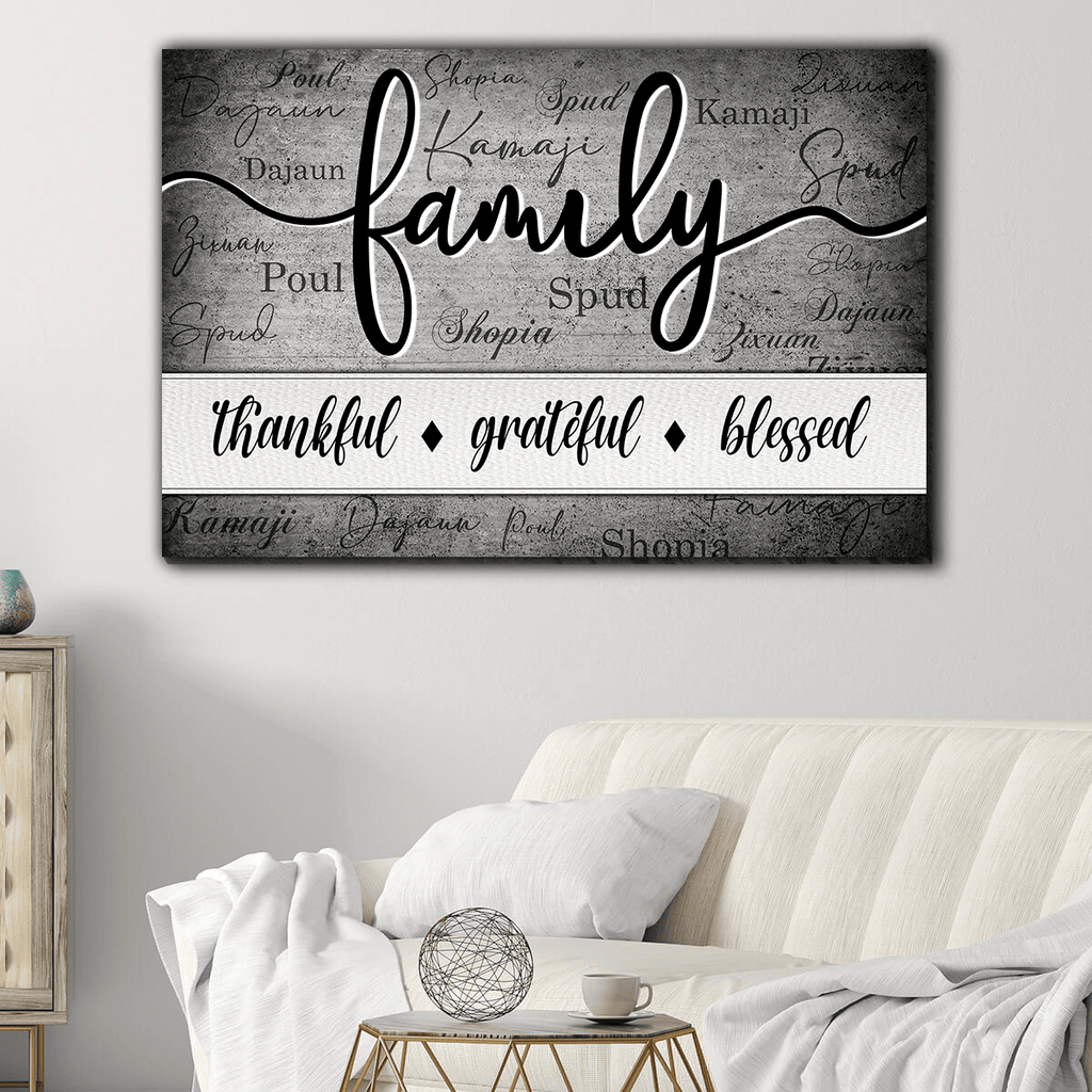 Personalized Family - Thankful, Grateful, Blessed Name On Background Canvas Wall Art – Christian Wall Decor