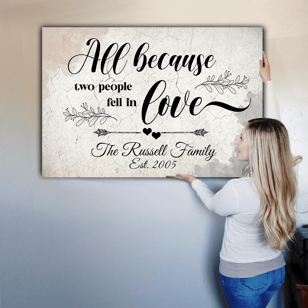 Personalized Family Name And Year All Because Two People Fell In Love Canvas Wall Art