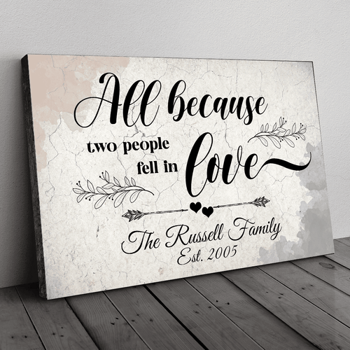 Personalized Family Name And Year All Because Two People Fell In Love Canvas Wall Art – Family Home Decor