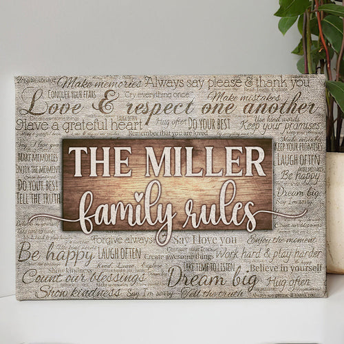 Personalized Family Rules Rustic Wood Canvas Wall Art – Family Home Decor