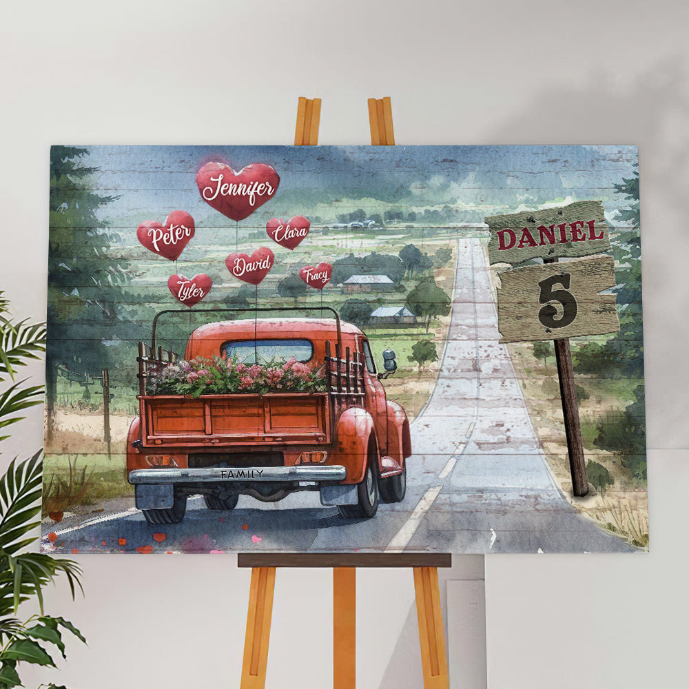 Personalized Names On Hearts Pickup Truck Family Canvas Wall Art