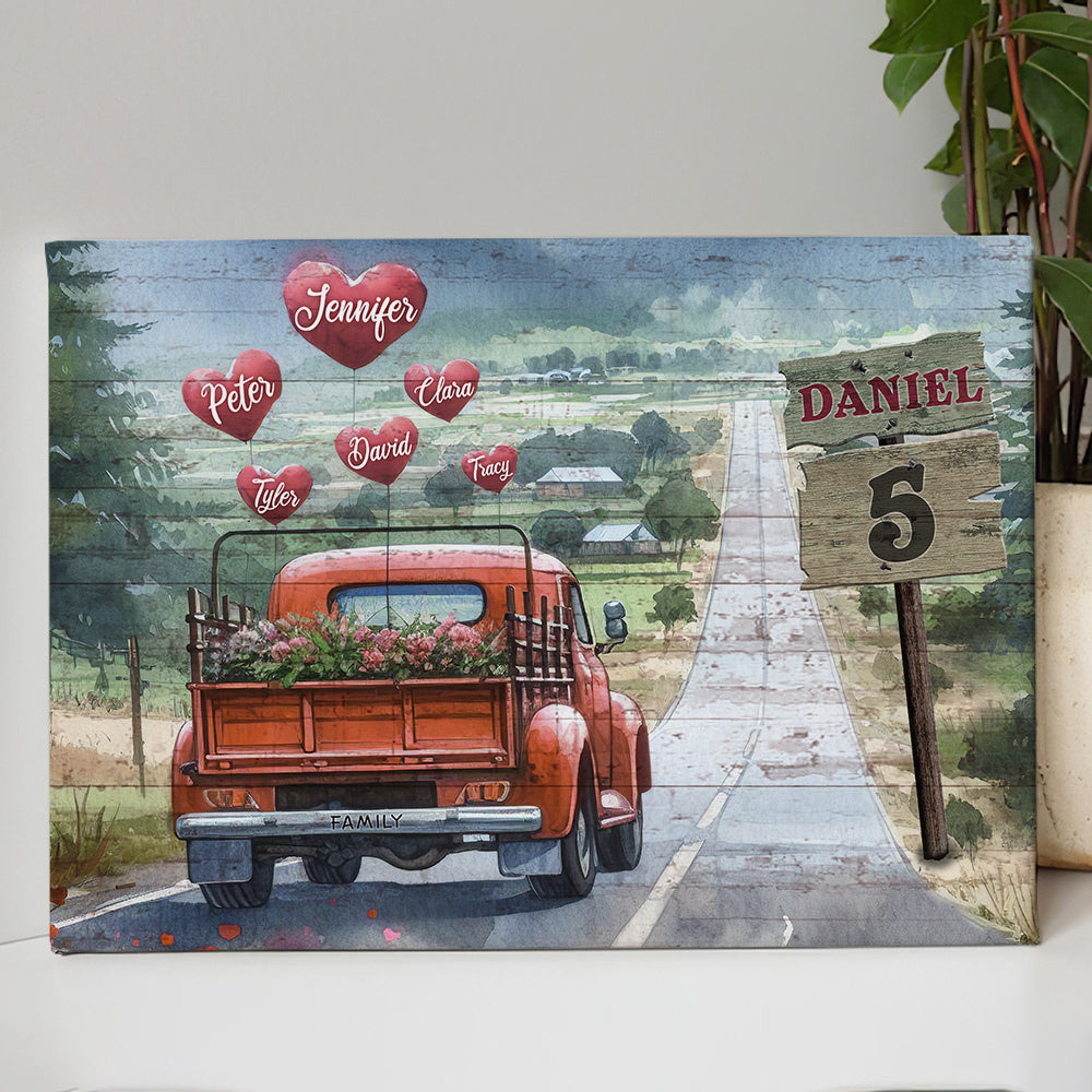 Personalized Names On Hearts Pickup Truck Family Canvas Wall Art