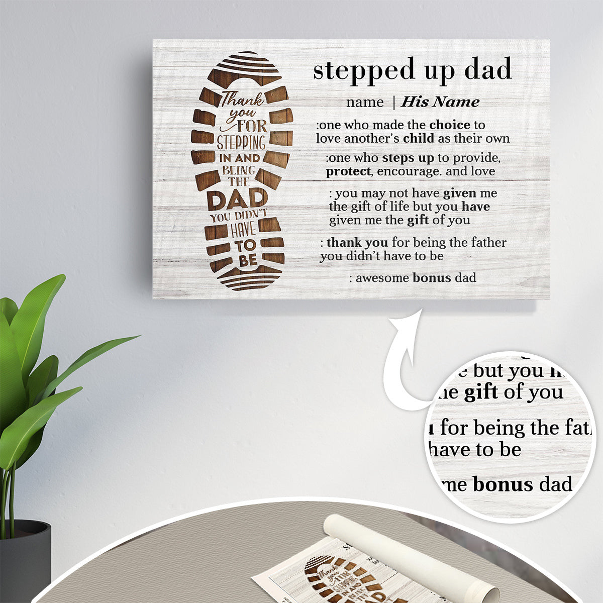 Personalized Stepped Up Dad Canvas, Bonus Father Canvas Wall Art