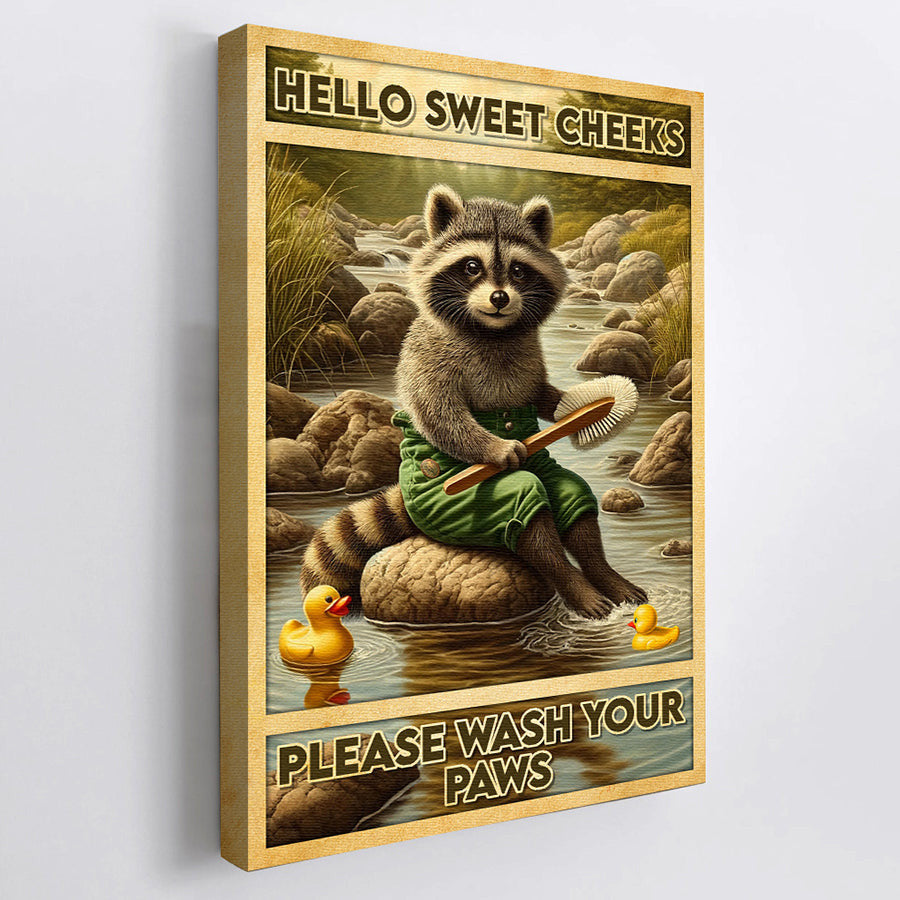 Please Wash Your Paw Bathroom Raccoon Canvas Wall Art