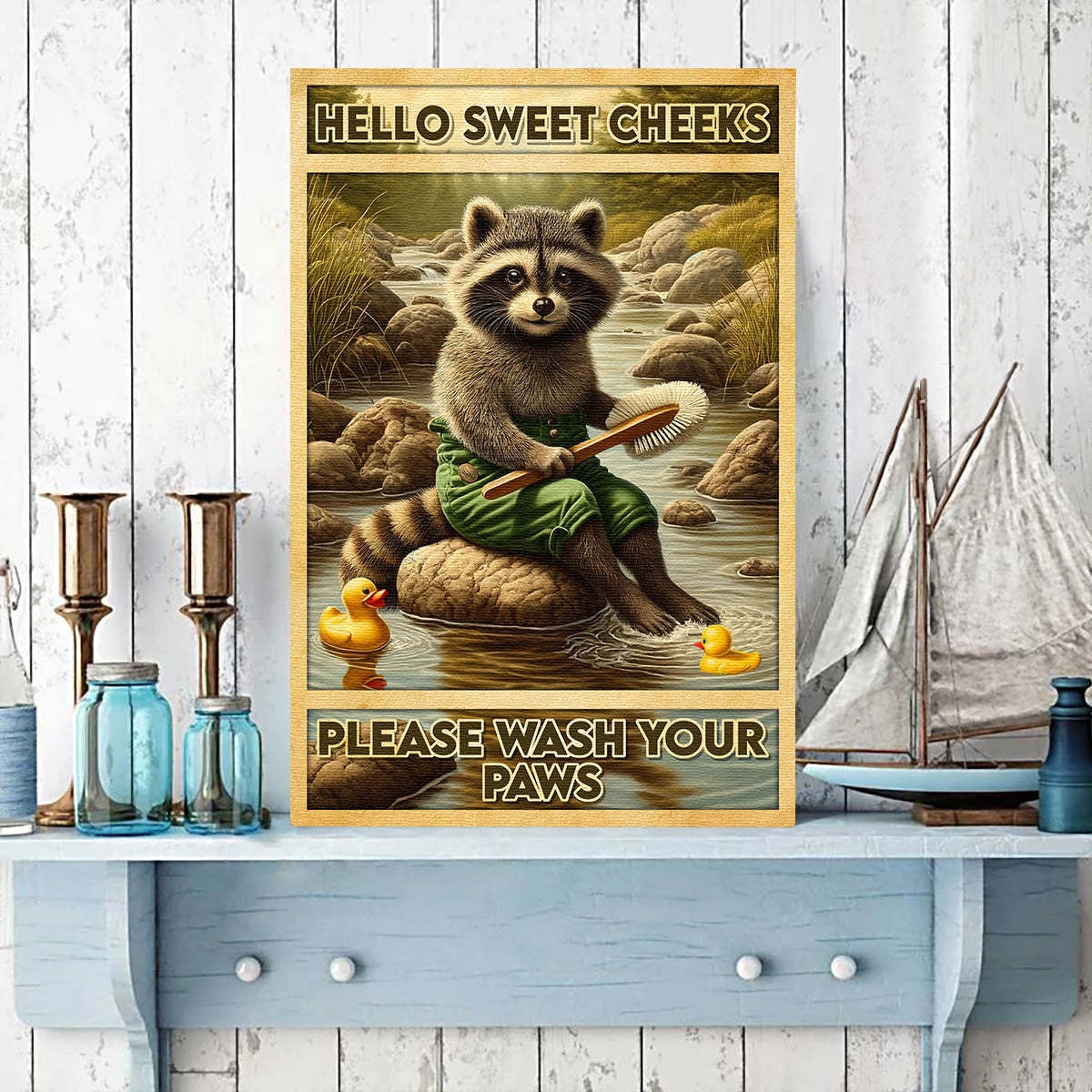 Please Wash Your Paw Bathroom Raccoon Canvas Wall Art