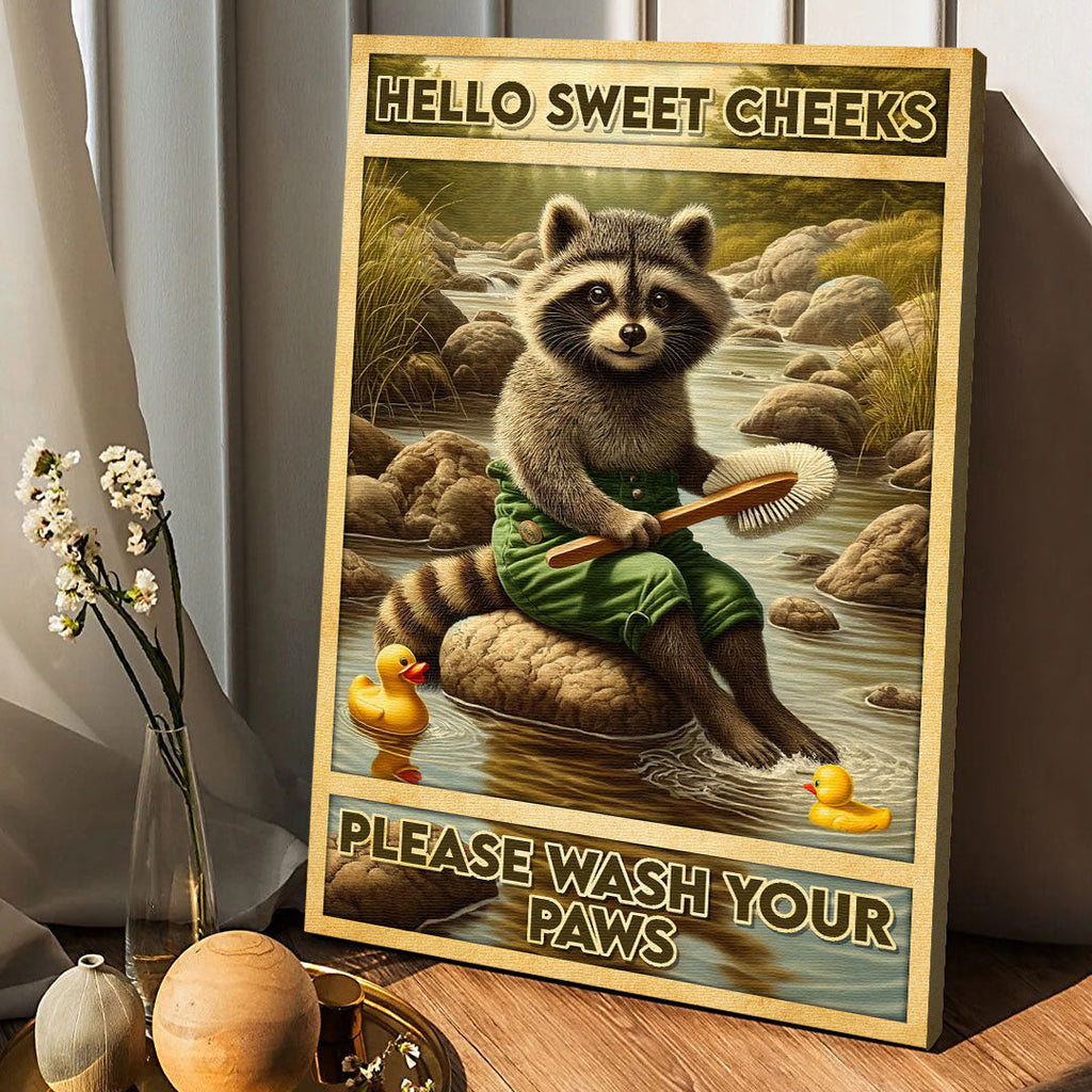 Please Wash Your Paw Bathroom Raccoon Canvas Wall Art