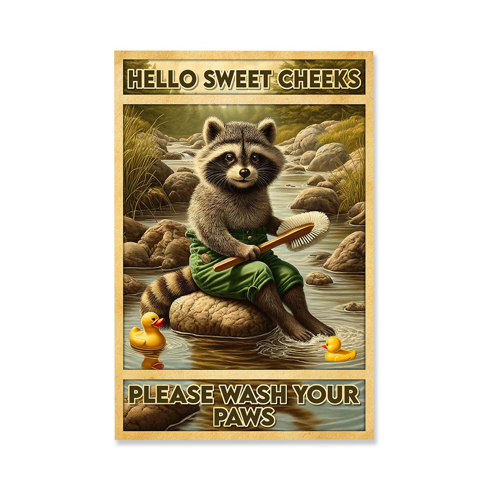 Please Wash Your Paw Bathroom Raccoon Canvas Wall Art