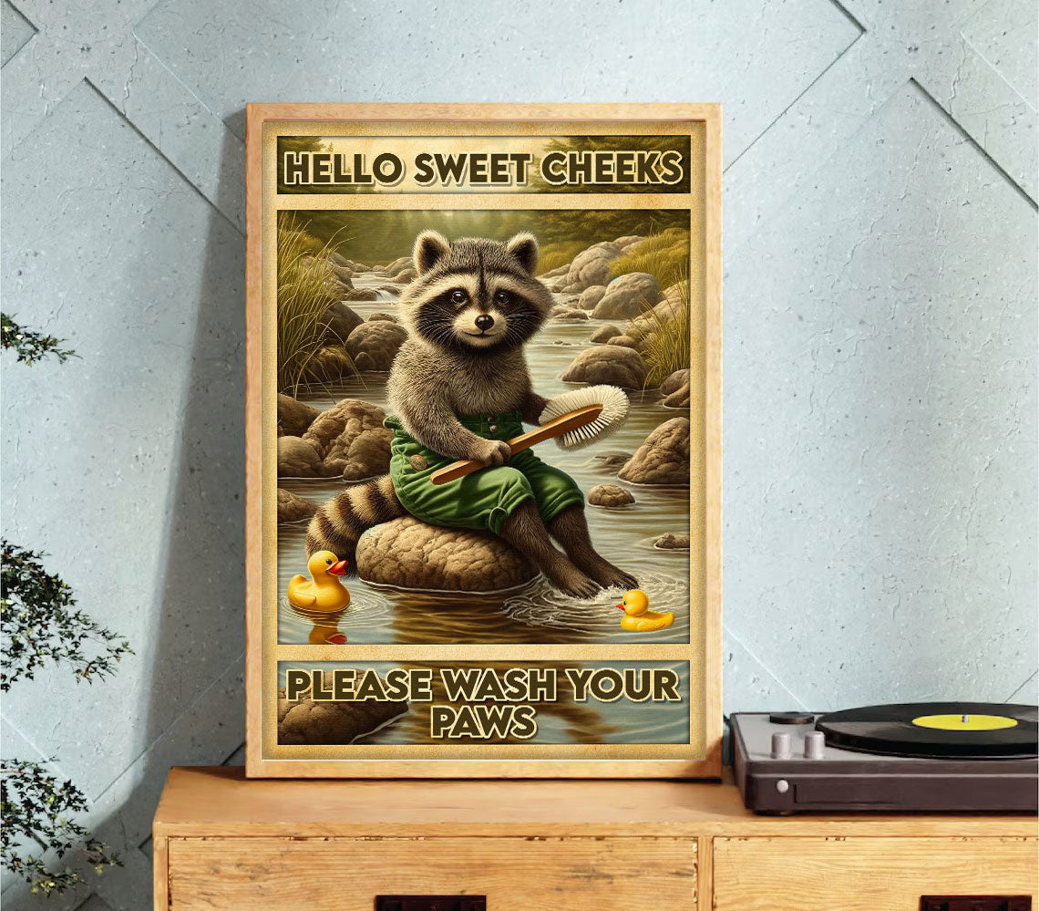 Please Wash Your Paw Bathroom Raccoon Canvas Wall Art