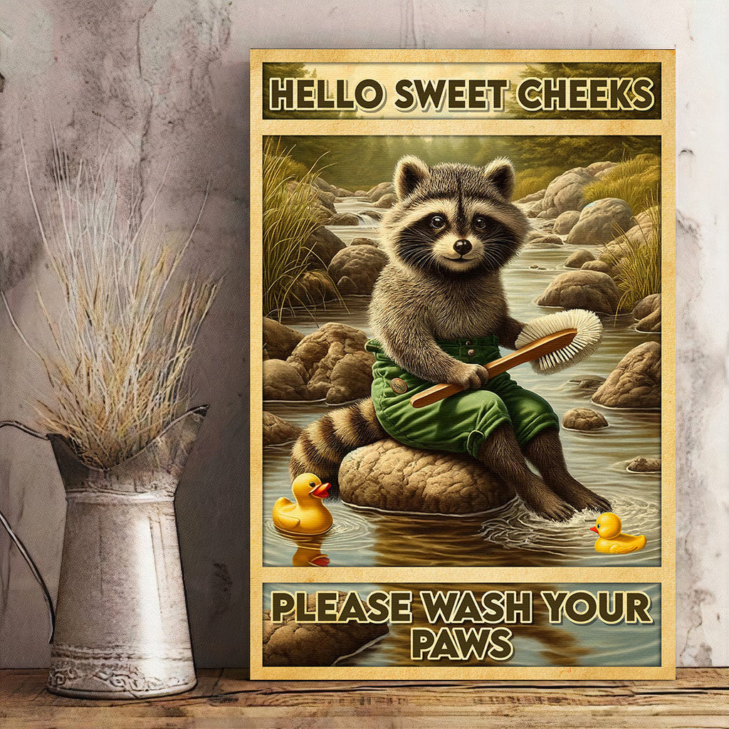 Please Wash Your Paw Bathroom Raccoon Canvas Wall Art