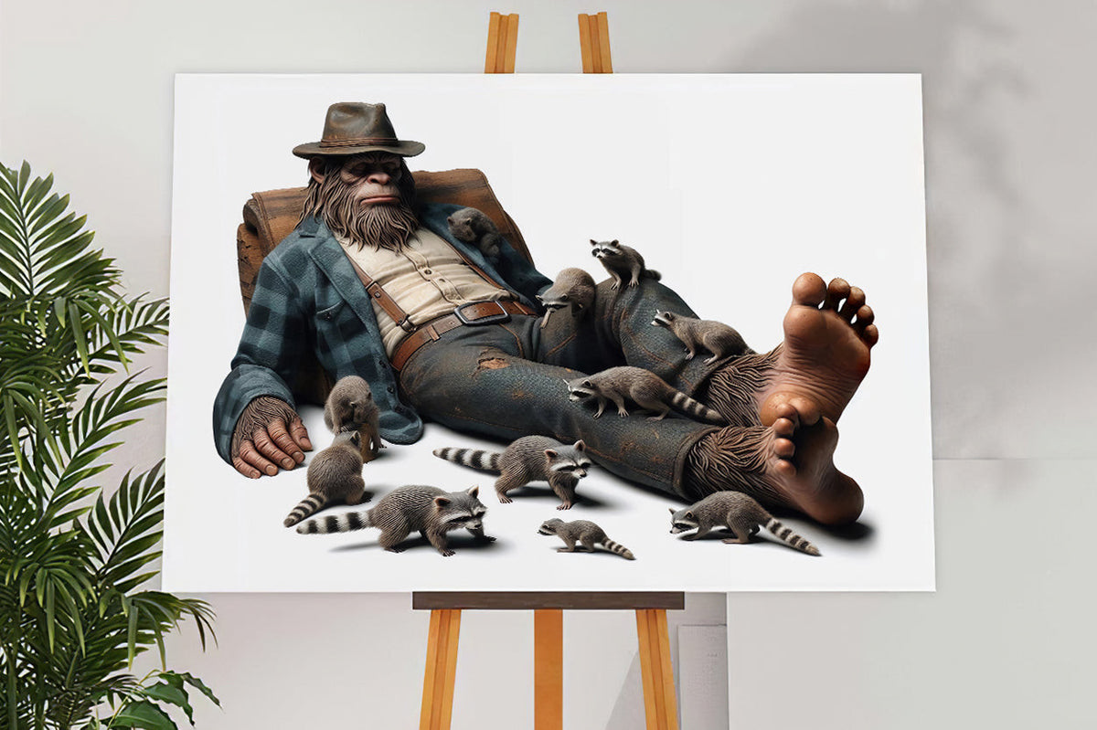 Primitive Chimpanzees Sasquatch and Raccoon Funny Canvas Wall Art