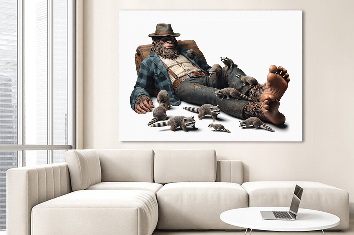 Primitive Chimpanzees Sasquatch and Raccoon Funny Canvas Wall Art