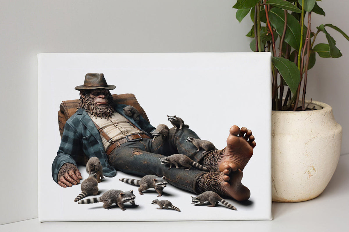 Primitive Chimpanzees Sasquatch and Raccoon Funny Canvas Wall Art