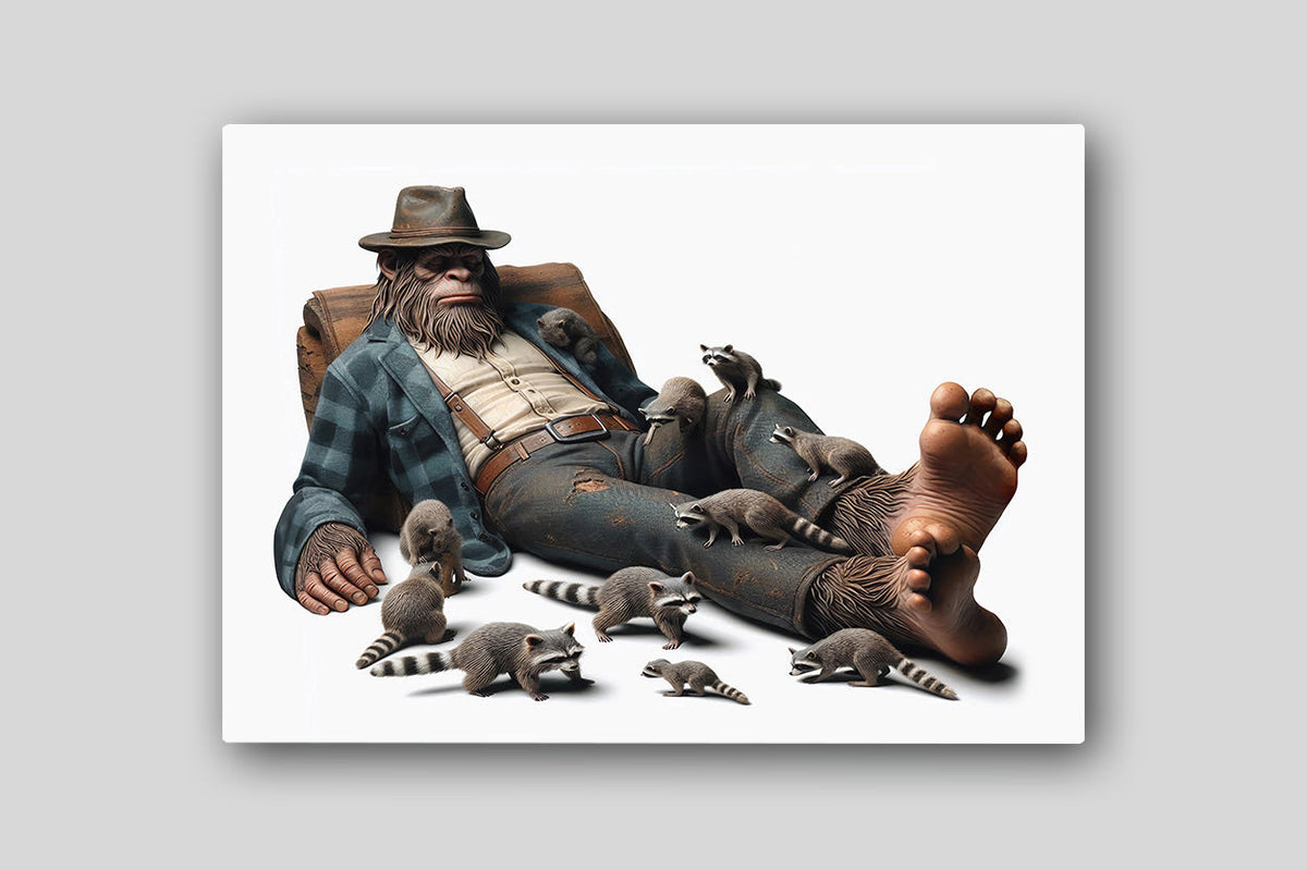 Primitive Chimpanzees Sasquatch and Raccoon Funny Canvas Wall Art