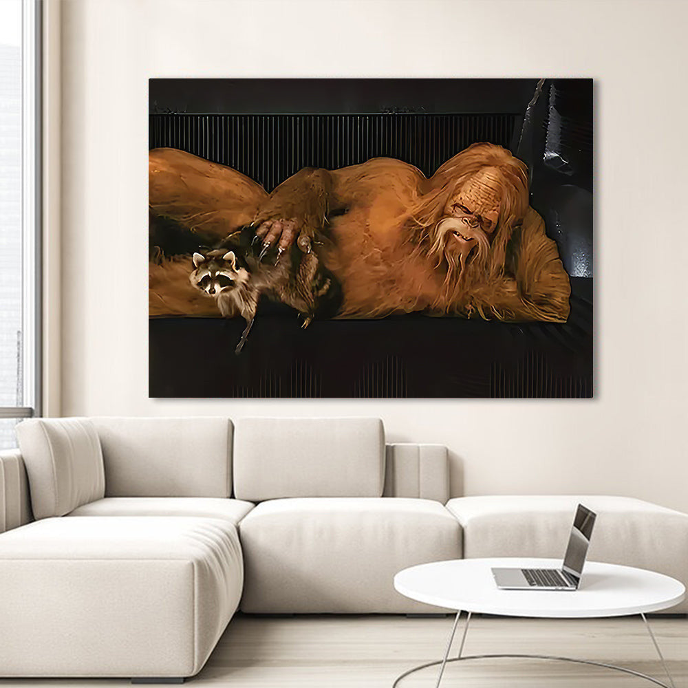 Primitive Human and Raccoon Funny Canvas Wall Art – Funny Animal Wall Art