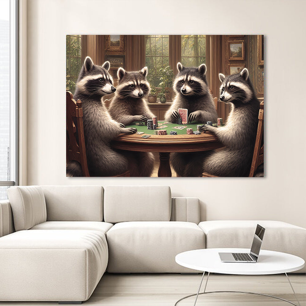 Raccoon Playing Poker Game Funny Canvas Wall Art