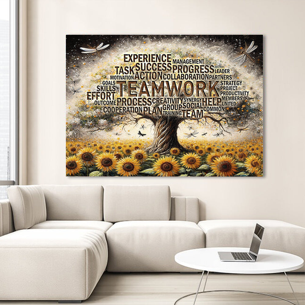 Teamwork Tree Inspirational Office Decor with Motivational Quotes and Sunflower Canvas Wall Art