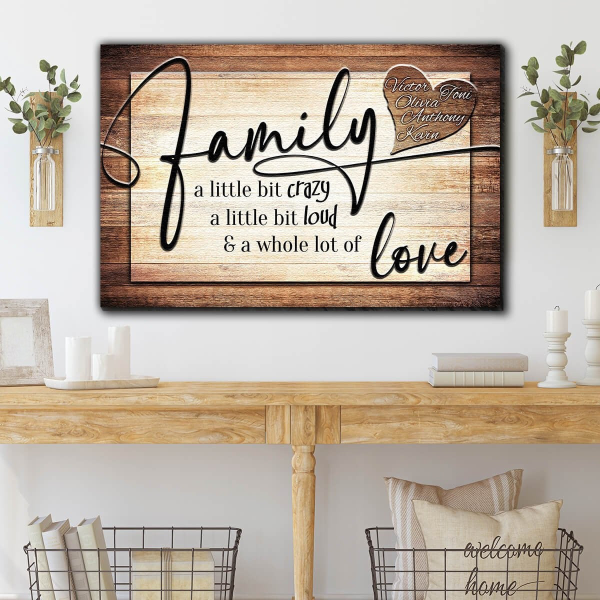 Personalized Family...Crazy, Loud, Love Heart Design Premium Canvas