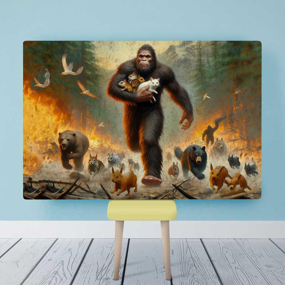 Sasquatch Saves Baby Animals from Forest Canvas Wall Art