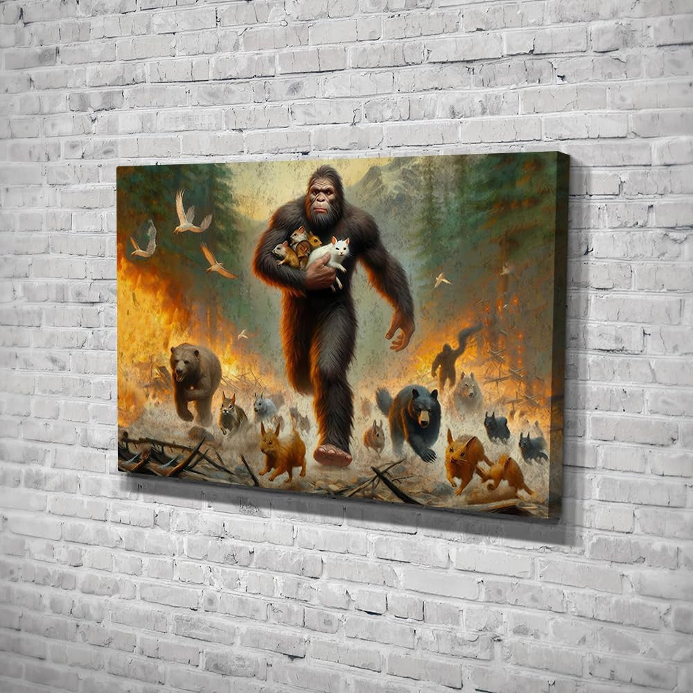 Sasquatch Saves Baby Animals from Forest Canvas Wall Art