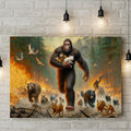 Sasquatch Saves Baby Animals from Forest Canvas Wall Art