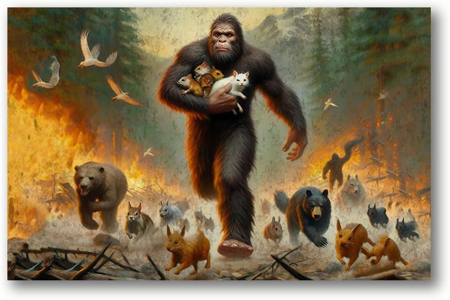 Sasquatch Saves Baby Animals from Forest Canvas Wall Art