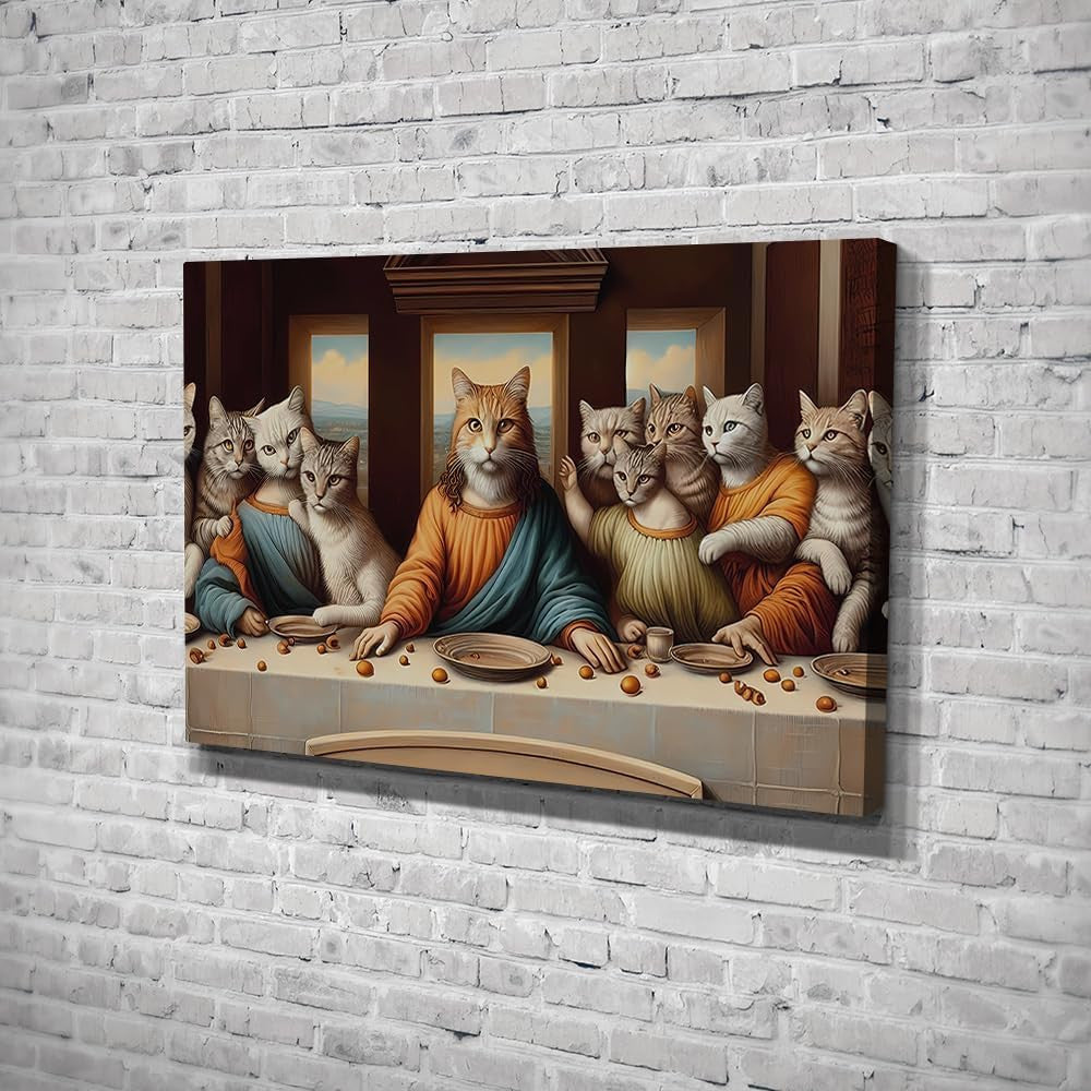 Funny Cat Last Supper Canvas Wall Art Decor, Humorous Feline Twist on a Classic Masterpiece Canvas