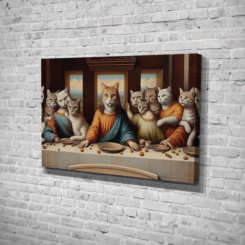 Funny Cat Last Supper Canvas Wall Art Decor, Humorous Feline Twist on a Classic Masterpiece Canvas