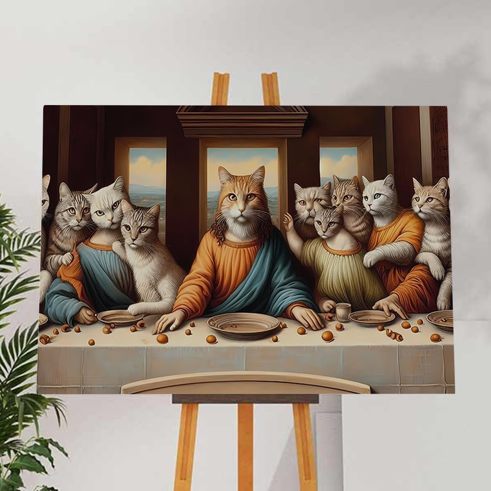 Funny Cat Last Supper Canvas Wall Art Decor, Humorous Feline Twist on a Classic Masterpiece Canvas