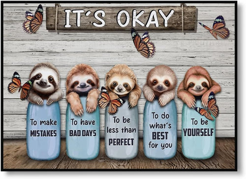 Sloth Butterfly Its Okay Poster Canvas Wall Art, Sloth Lovers Canvas Wall Art Decor