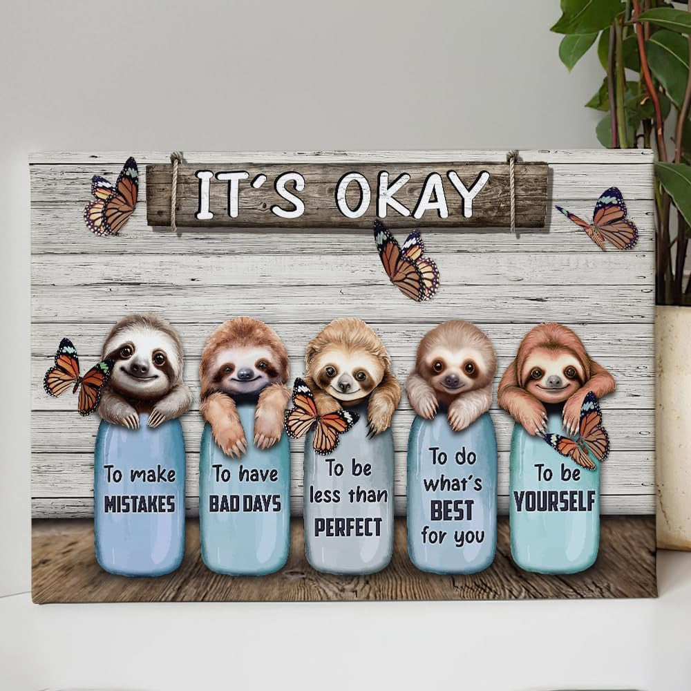 Sloth Butterfly Its Okay Poster Canvas Wall Art, Sloth Lovers Canvas Wall Art Decor