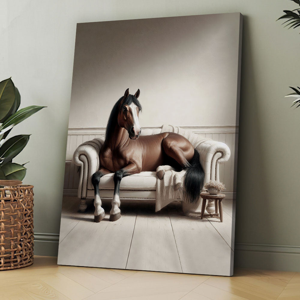 Chic Horse Lounging on Sofa Poster Canvas Wall Art, Animals Canvas Wall Art Decor