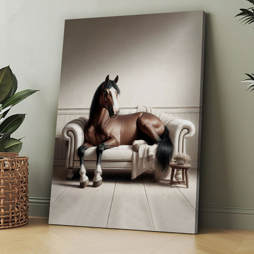 Chic Horse Lounging on Sofa Poster Canvas Wall Art, Animals Canvas Wall Art Decor