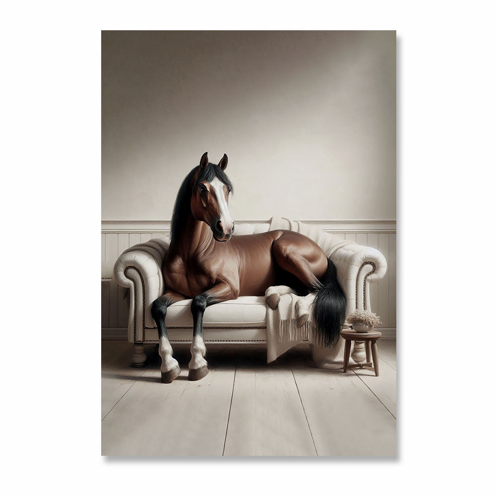 Chic Horse Lounging on Sofa Canvas Wall Art – Funny Animal Wall Art