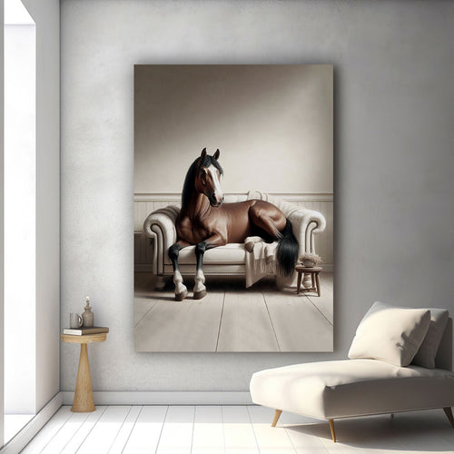 Chic Horse Lounging on Sofa Poster Canvas Wall Art, Animals Canvas Wall Art Decor