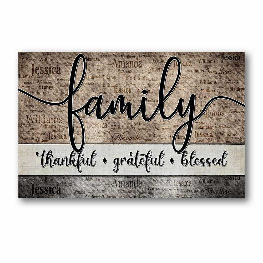 Personalized Family - Thankful, Grateful, Blessed Names On Background Premium Canvas