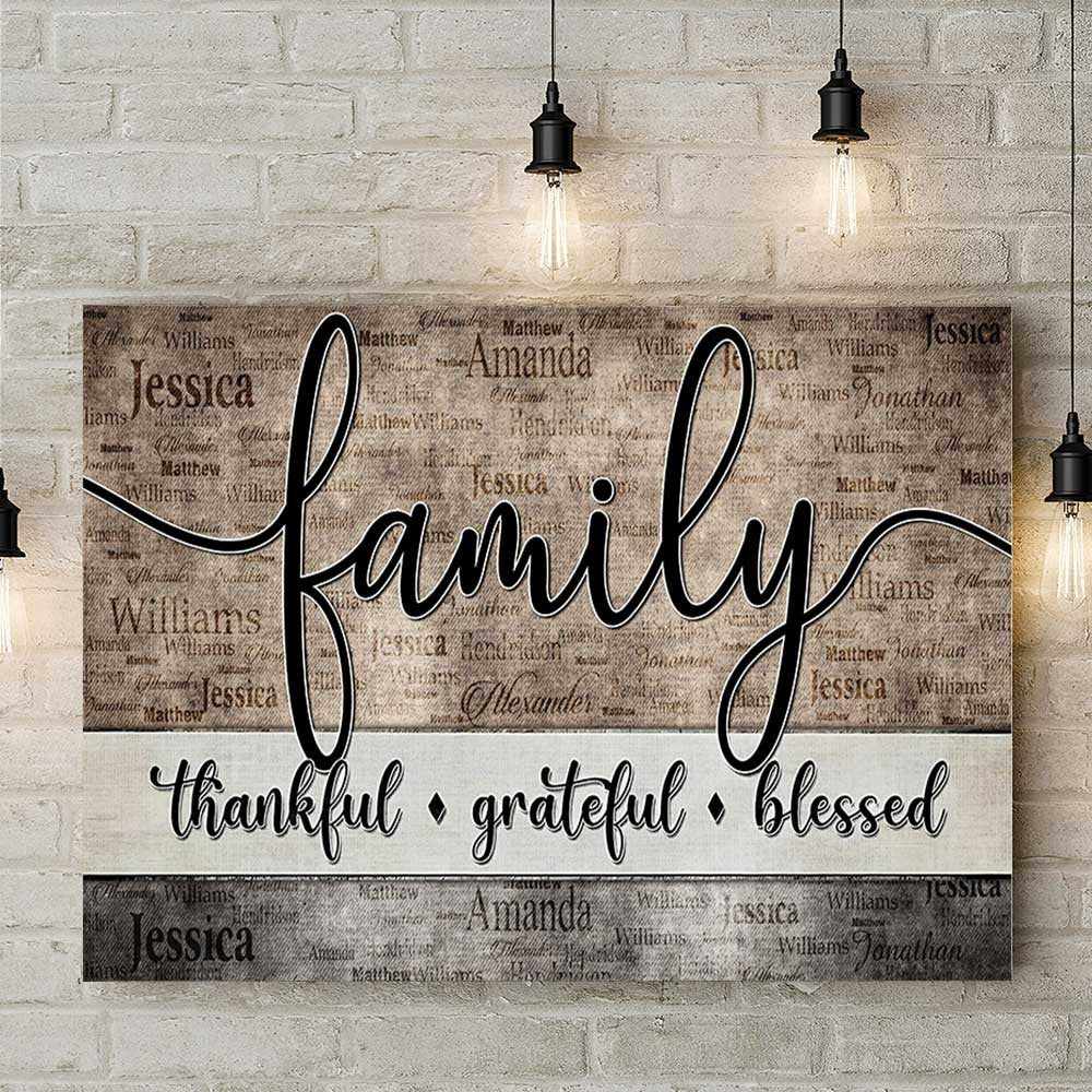 Personalized Family - Thankful, Grateful, Blessed Names On Background Premium Canvas