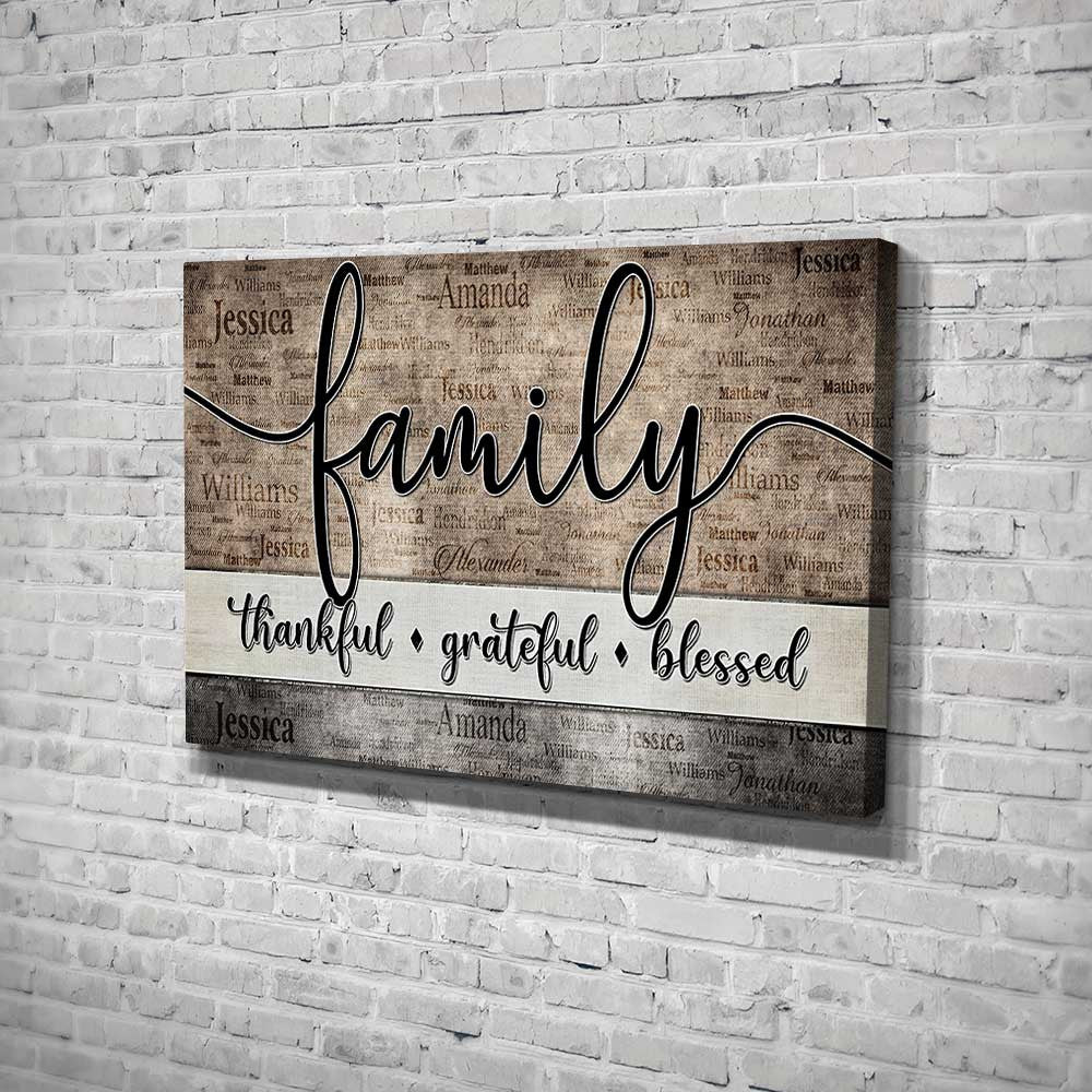 Personalized Family - Thankful, Grateful, Blessed Names On Background Premium Canvas